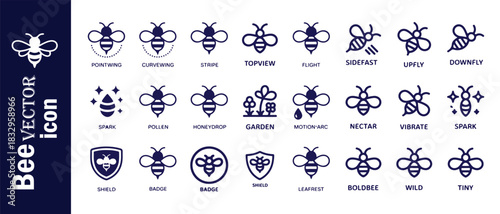 Bee vector icon set with various bee representations including different movements and associated elements