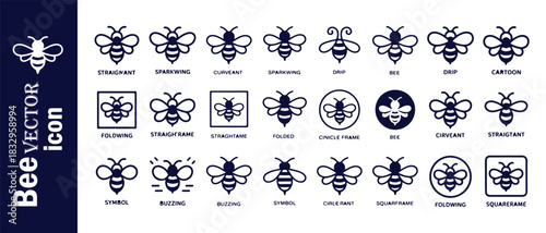 Bee vector icon collection featuring various bee designs, movements, and framed interpretations