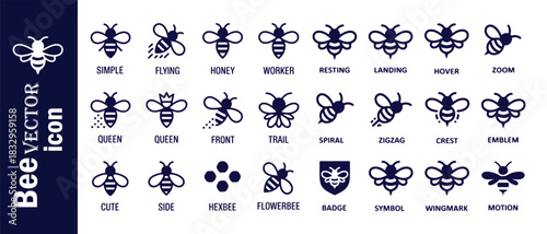 Set of bee vector icons isolated on white background, different bee concepts, flat style, logo
