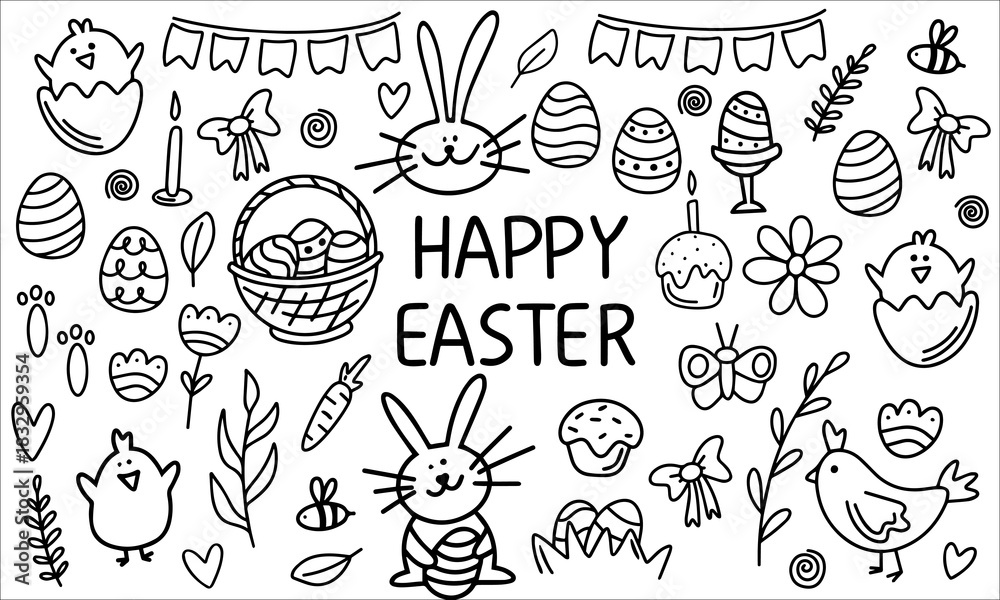 Fototapeta premium Hand-drawn Easter elements isolated on a white background. Easter basket, eggs, chick, and bunny. Design for coloring, greeting cards, or print.