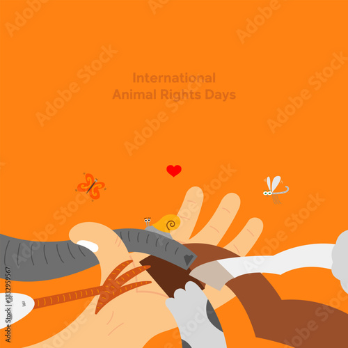 International Animal Rights Day poster vector illustration design. Picture of a world where humans and animals live in harmony, where humans and animals live side by side, in balance. 