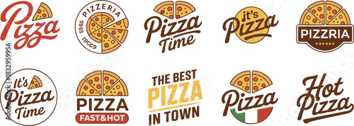Vintage pizza logo collection with slices, bold typography, pizzeria badges, restaurant branding icons, retro food emblem set design illustration