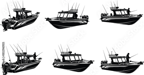 Pair of black and white vector silhouettes showing a kayaker paddling through a peaceful swamp, surrounded by tall reeds, capturing nature, serenity, and adventure.