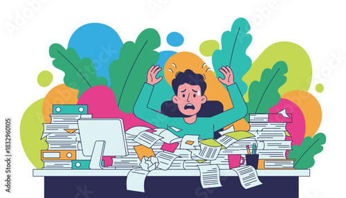Frustrated employee drowning in paperwork at their desk illustrating overwhelming work pressure
