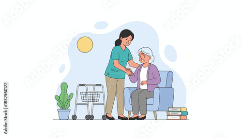 Caregiver helps senior woman sit emphasizing health support elderly assistance and comfort