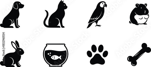 Set of eight vector silhouette icons for common household animals and supplies, including dog, cat, rabbit, parrot, and fish, ideal for animal services.