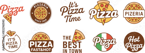 Vintage pizza logo collection featuring slices, bold typography, pizzeria branding badges, classic restaurant food icons, retro emblem set design illustration