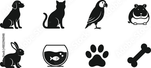 Set of eight vector silhouette icons for common pets and accessories, including dog, cat, parrot, fish, and rabbit, perfect for veterinary and animal care.
