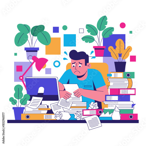 Overwhelmed worker stressed by excessive paperwork and deadlines at a messy office desk