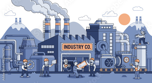 Industrial factory production line with working engineers and manufacturing complex illustration