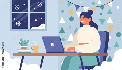 Happy woman works remotely on laptop in cozy festive room during winter holidays