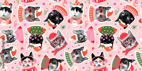 Christmas Cats with Ugly Sweaters and Santa Hats Vector Seamless Pattern, Festive Animal Background for Holiday Party Designs, Banners and Wrapping Paper