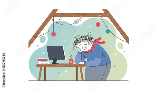 Stressed person suffering winter burnout working on a computer under holiday decorations