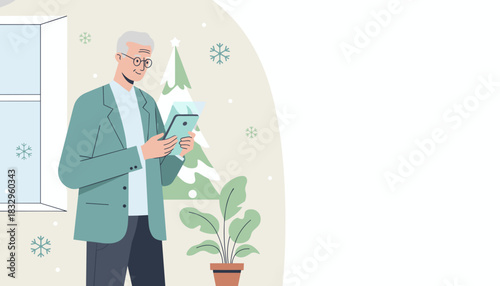 Happy senior man reads on tablet by window with a Christmas tree background