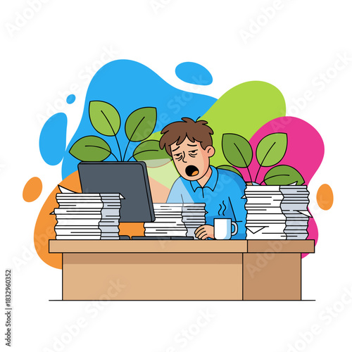 Overworked employee yawns at desk surrounded by huge piles of paperwork and computer screen