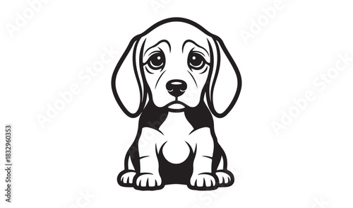 Sad beagle puppy sitting and looking up with big eyes