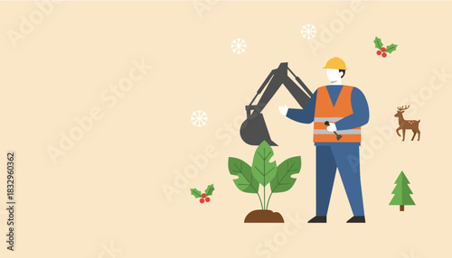 Construction worker with excavator and plants among winter holiday icons Vector illustration