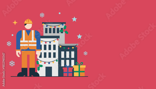 Construction worker near decorated city buildings and gifts Winter holiday season illustration