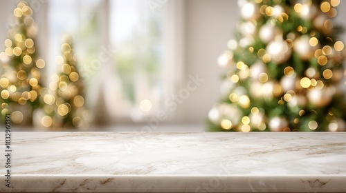 A stunning marble table is set in front of beautifully decorated Christmas trees sparkling with golden lights, creating a warm holiday ambiance perfect for festive gatherings