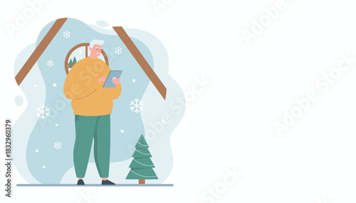 Man uses tablet in a snowy indoor setting Cozy winter technology and connectivity