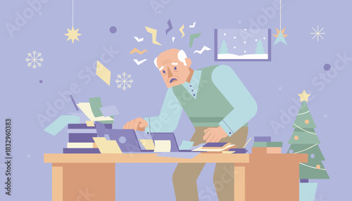 Stressed elderly man overwhelmed by holiday workload and documents dealing with burnout