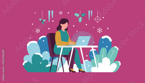 Woman working on laptop amid winter snow and holly decor Remote work and holiday productivity concept
