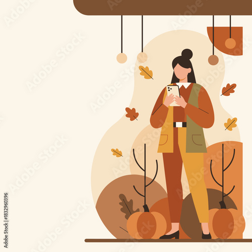 Stylish woman using phone among pumpkins and fall leaves Autumn lifestyle and connectivity vector