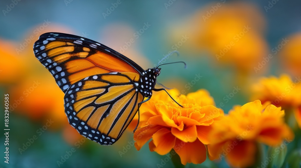 Fototapeta premium A beautiful monarch butterfly with striking orange and black wings is perched delicately on bright marigold flowers. The scene features soft lighting and lush greenery in the background
