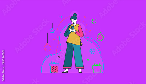 Modern woman using smartphone for festive shopping surrounded by holiday ornaments and gifts