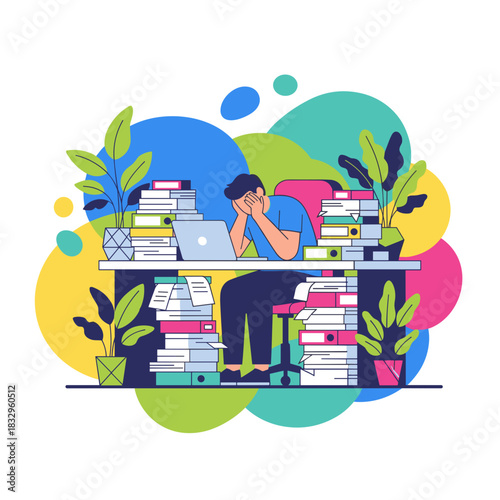 Burnout concept Stressed worker buried in paperwork and deadlines at an overflowing office desk