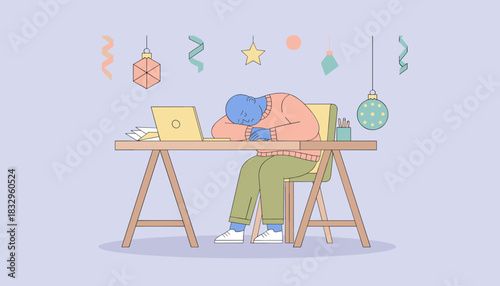 Exhausted worker sleeping at desk during holiday season Work burnout concept