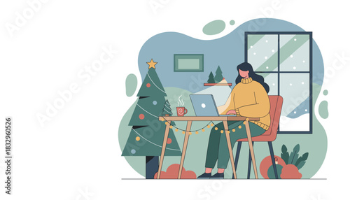Cozy remote work scene Woman uses laptop by the Christmas tree during a snowy winter day