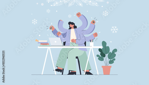 Stressed businesswoman multitasking during the winter holiday season rush