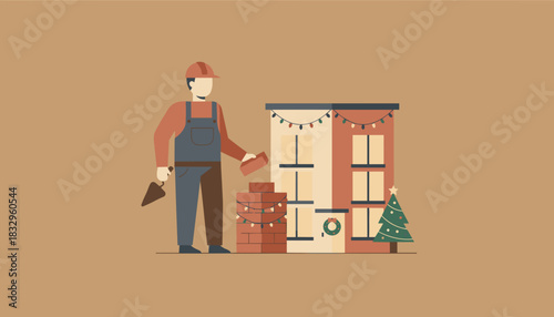 Construction worker building a brick structure next to a Christmasdecorated house
