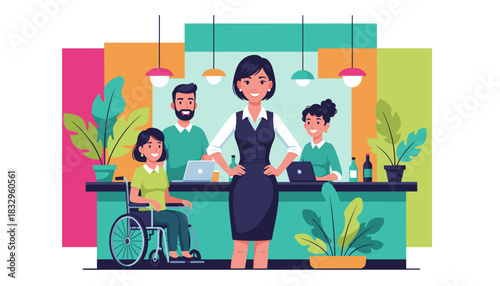 Diverse business team smiling in a modern office showing leadership collaboration and inclusion