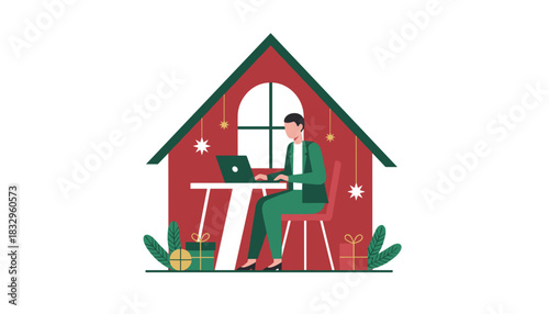 Remote professional working on laptop inside a festive Christmas house structure