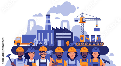 Diverse construction team illustration with factory background showing industry labor and engineering