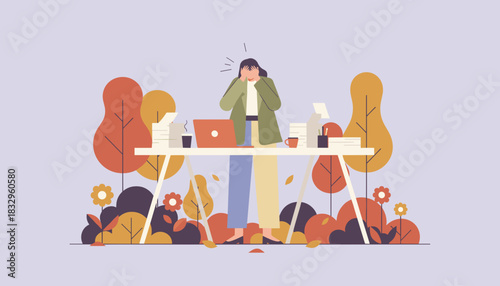 Stressed worker overwhelmed by huge workload and burnout at a cluttered outdoor desk Flat illustration