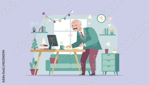 Frustrated senior businessman struggles with tech chaos in a festive office setting