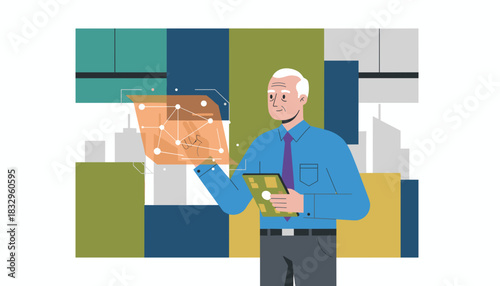 Mature man interacting with futuristic data network screen holding tablet Business technology