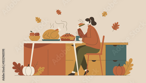 Cozy autumn dinner illustration Woman enjoys turkey pie and festive food Thanksgiving concept