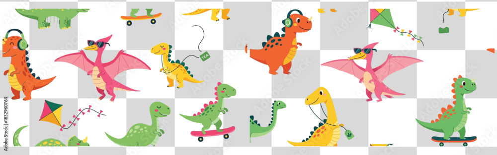 Fototapeta premium Playful dinosaur pattern featuring cute cartoon dinosaurs pterodactyls and kites on a checkered background