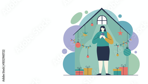 Woman using phone at home decorated for Christmas Holiday shopping and digital festive season concept