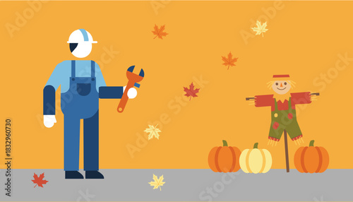 Worker holding a wrench next to a scarecrow and pumpkins during the autumn season Vector illustration