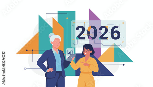 Professional women planning future business goals for 2026 Vector illustration