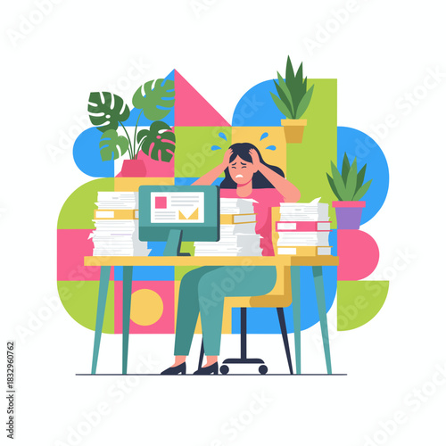 Overwhelmed businesswoman stressed by paperwork workload and tight deadlines at the office desk