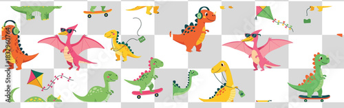Playful dinosaur pattern featuring cute cartoon dinosaurs pterodactyls and kites on a checkered background