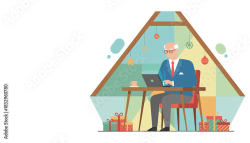 Working senior man uses laptop in a festive home office surrounded by gifts