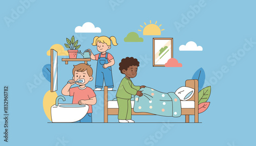Happy children performing daily hygiene and chores like brushing teeth and making the bed