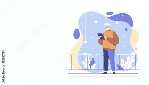 Senior man using digital tablet on balcony during winter digital communication and modern retirement